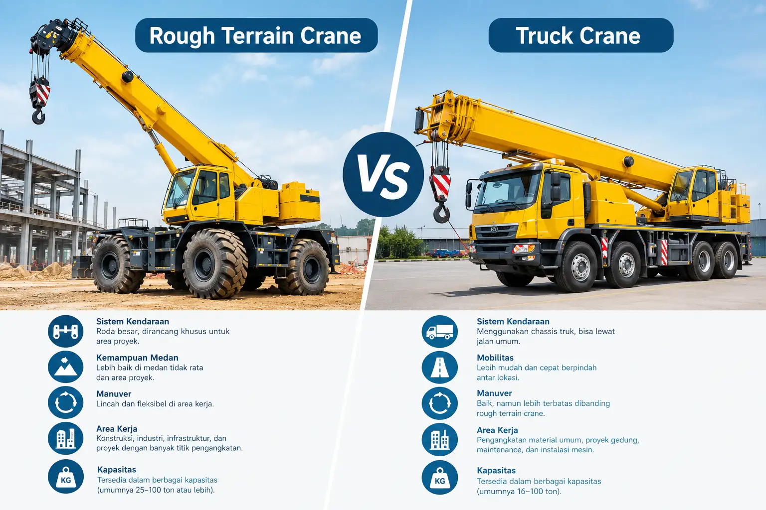 Perbedaan Rough Terrain Crane dan Truck Crane, Mana yang Lebih Cocok untuk Proyek Anda?